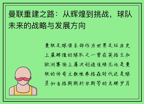 曼联重建之路：从辉煌到挑战，球队未来的战略与发展方向