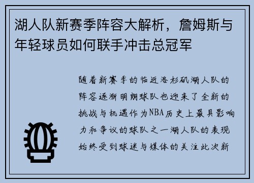 湖人队新赛季阵容大解析，詹姆斯与年轻球员如何联手冲击总冠军
