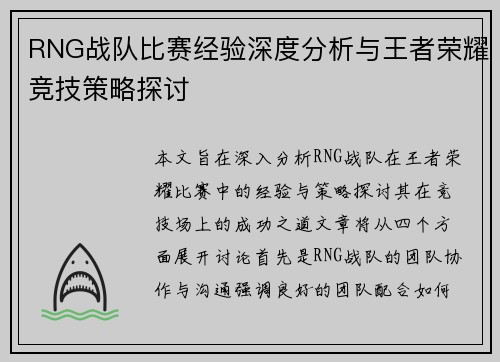 RNG战队比赛经验深度分析与王者荣耀竞技策略探讨