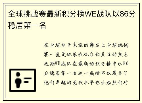 全球挑战赛最新积分榜WE战队以86分稳居第一名